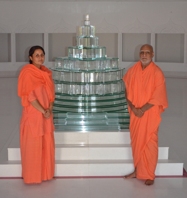 Maharaj Ji and Sadhvi Ji with the Tripur Shiva Peetham Sri Yantra on the day it was assembled and installed.